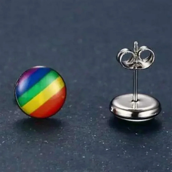 Rainbow Colors Gay Pride LGBTQ Round Silver Stainless Steel Stud Earrings - Picture 3 of 3